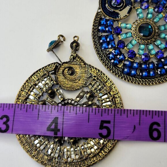 Cobalt Blue Rhinestone Circular Statement Earrings - Picture 5 of 7